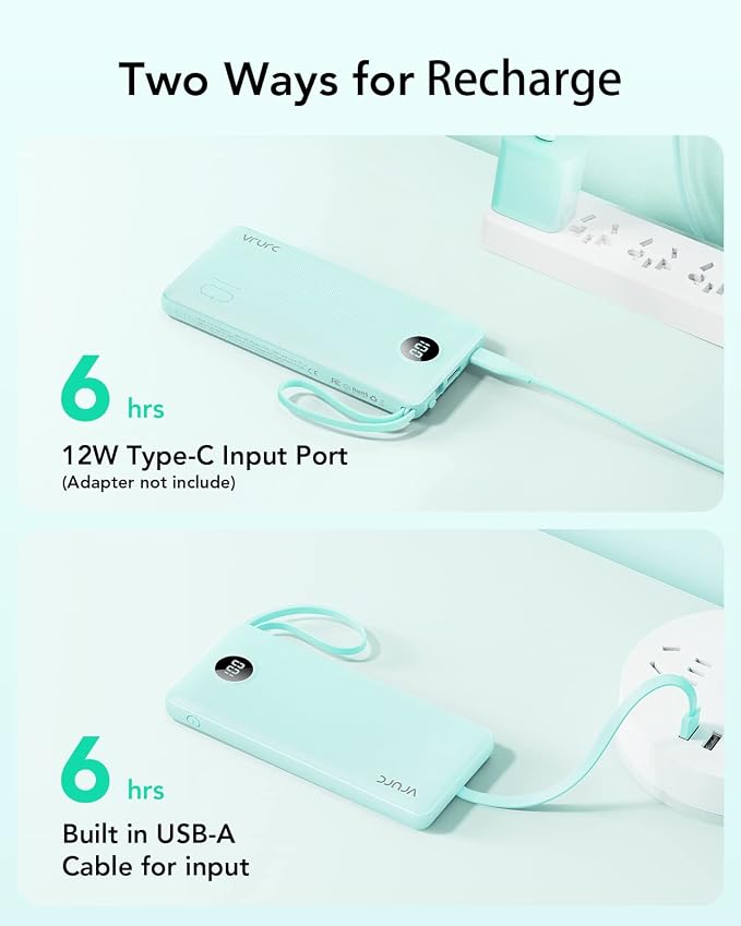 VRURC Portable Phone Charger for iPhone, 10000mAh Power Bank Built in Cables & Lanyard, Slim USB C Battery Bank 5 Outputs for Multi Devices,Travel Essential for College Students Teen Boys Girls-Green