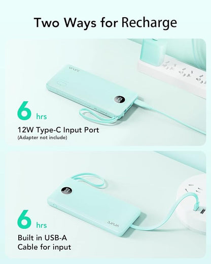 VRURC Portable Phone Charger for iPhone, 10000mAh Power Bank Built in Cables & Lanyard, Slim USB C Battery Bank 5 Outputs for Multi Devices,Travel Essential for College Students Teen Boys Girls-Green