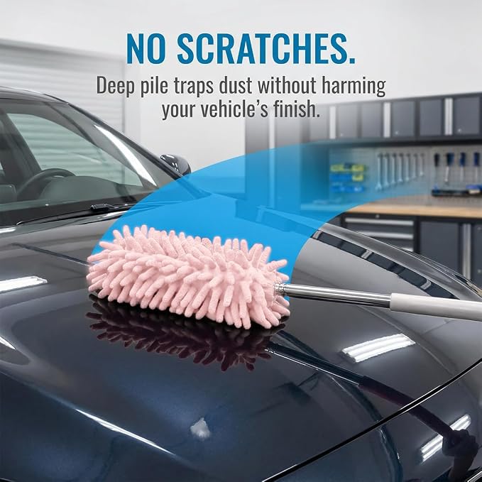 2PCS Car Interior Duster with Extension Pole, 9.45" to 28.35" Microfiber Soft Vehicle Dash Dusting Detailing Wash Brushes, Automotive Dash Cleaning Tool, Universal for SUV RV Truck (Pink)