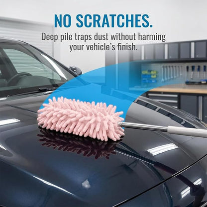 2PCS Car Interior Duster with Extension Pole, 9.45" to 28.35" Microfiber Soft Vehicle Dash Dusting Detailing Wash Brushes, Automotive Dash Cleaning Tool, Universal for SUV RV Truck (Pink)