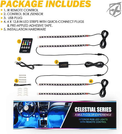 Xprite RGB LED Car Interior Bluetooth USB Light Strip, w/Wireless Remote and APP Control,4 PCS Under Dash Footwell Ambient Lights Kits, DIY Music Mode Universal for Vehicle Internal, SUV, Trucks