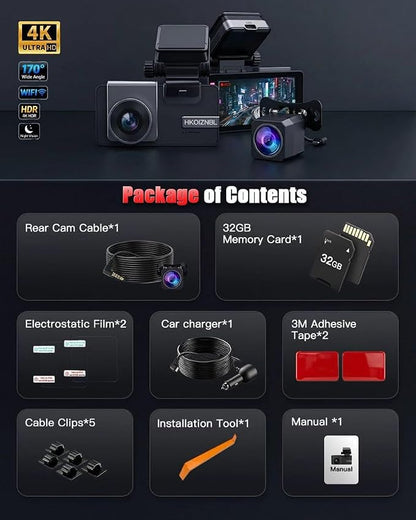 𝟒𝐊+𝟐.𝟓𝐊 Dash Cam Front and Rear, Free Card Included, 5.8GHz WiFi-25MB/s Fast Download, Dash Camera for Cars with WDR,F1.4 Large Aperture Super Night Vision,3.69-inch IPS LCD, 24H Parking Mode