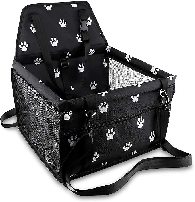Petbobi Pet Reinforce Car Booster Seat for Dog Cat Portable and Breathable Bag with Seat Belt Dog Carrier Safety Stable for Travel Look Out,with Clip on Leash with PVC Tube, Black Paw Print