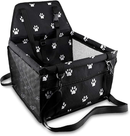Petbobi Pet Reinforce Car Booster Seat for Dog Cat Portable and Breathable Bag with Seat Belt Dog Carrier Safety Stable for Travel Look Out,with Clip on Leash with PVC Tube, Black Paw Print