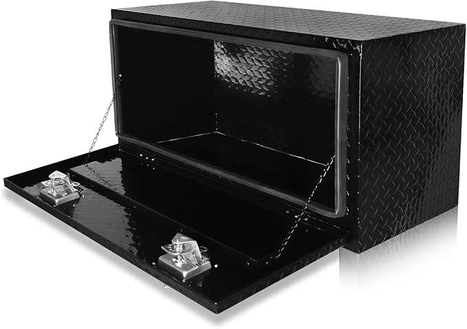 FORWODE 36x17x18 Inch Underbody Truck Tool Box Aluminum Trailer Tool Box with Lock & Foldable T-Handle Waterproof Truck Storage Box for Pickup Truck, Trailer, RV, ATV, Indoor（BLACK）