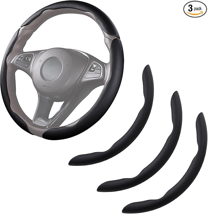 Car Steering Wheel Cover Leather Snap On 3Pcs Set Non-Slip Protector Wrap Steering Wheel Accessories 14.5-15 inch Universal Black
