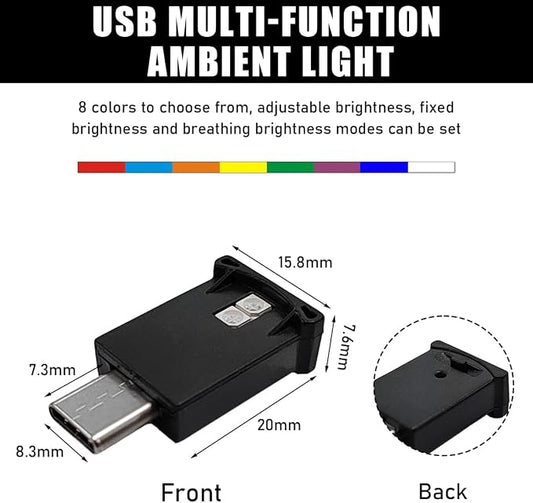 povtii USB Type C LED Ambient Light, Mini 8 Colors RGB LED Light, Adjustable Brightness Interior Atmosphere Lamp for Automotive, Home, Laptop, Lighting Parts Car Accessories