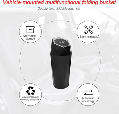 Car Trash Can with Lid, Mini Portable Auto Garbage Can, Small Leakproof Diamond Design Trash Dustbin, Waterproof Vehicle Rubbish Bins for Automotive Car, Home, Office, Kitchen, Bedroom (Black,1)