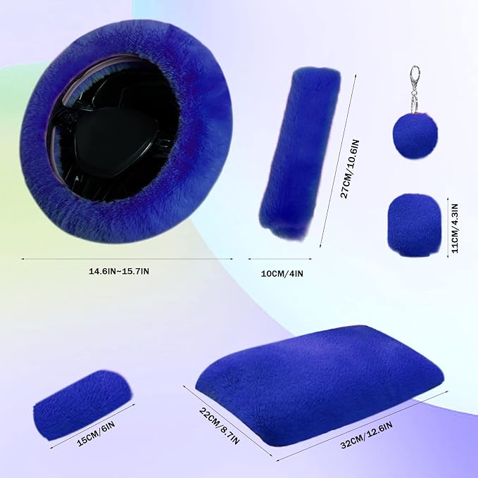 7PCS Set car Interior Aesthetic Accessories, Fluffy 15 inch Steering Wheel Cover, armrest pad, seat Belt Cover,Gear Shift Cover, Fit Girly car Accessories for Women.