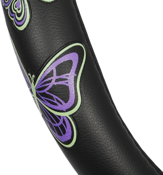 BDK GripGrab Comfort Grip - Purple & Green Butterflies on Black Synthetic Leather Steering Wheel Cover 15 inch