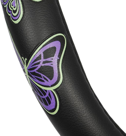 BDK GripGrab Comfort Grip - Purple & Green Butterflies on Black Synthetic Leather Steering Wheel Cover 15 inch