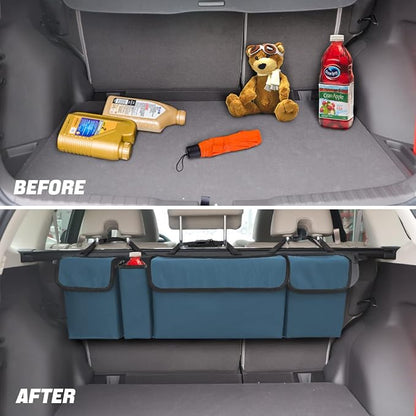 AUCELI Car Trunk Organizer, Backseat Hanging Large Storage with Adjustable Straps, Waterproof Collapsible Cargo Bag with 4 Pockets, Sturdy Space Saver Frees Trunk Floor for SUV, Truck, MPV