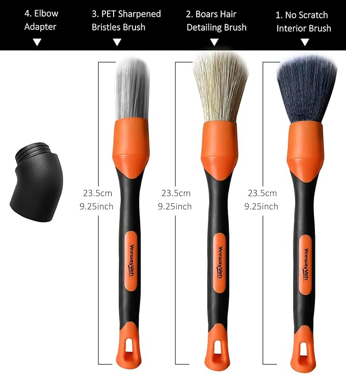 YeewayVeh 3pcs Car Detailing Brush Set, Boars Hair Detailing Brushes, Ultra Soft Detail Brush for Air Vent Leather Seat, Scratch Free Car Detailing Brushes for Interior Exterior, Orange