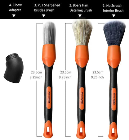 YeewayVeh 3pcs Car Detailing Brush Set, Boars Hair Detailing Brushes, Ultra Soft Detail Brush for Air Vent Leather Seat, Scratch Free Car Detailing Brushes for Interior Exterior, Orange