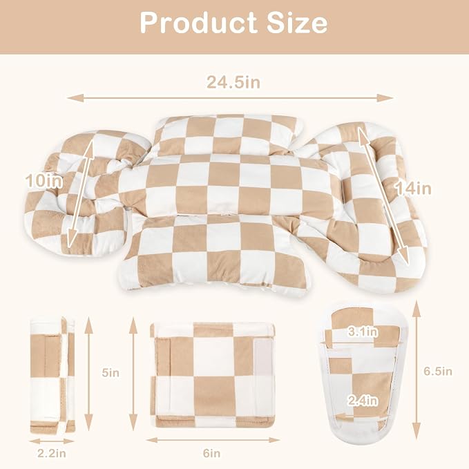DILIMI Infant Car Seat Insert, Baby Car Seat Head Support with 3 Strap Paddings, Soft Newborn Car Seat Cushion for Stroller, Swing, Bouncers, Brown Checkered