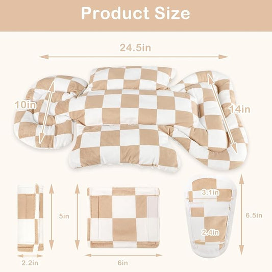 DILIMI Infant Car Seat Insert, Baby Car Seat Head Support with 3 Strap Paddings, Soft Newborn Car Seat Cushion for Stroller, Swing, Bouncers, Brown Checkered