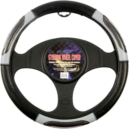 BDK Sporty Two Tone Ergonomic Grip Steering Wheel Cover - Carbon Fiber Grip for Standard Size Wheels 14.5-15 inch Gray/Black