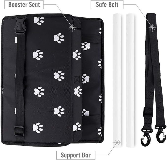 Petbobi Pet Reinforce Car Booster Seat for Dog Cat Portable and Breathable Bag with Seat Belt Dog Carrier Safety Stable for Travel Look Out,with Clip on Leash with PVC Tube, Black Paw Print