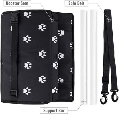 Petbobi Pet Reinforce Car Booster Seat for Dog Cat Portable and Breathable Bag with Seat Belt Dog Carrier Safety Stable for Travel Look Out,with Clip on Leash with PVC Tube, Black Paw Print