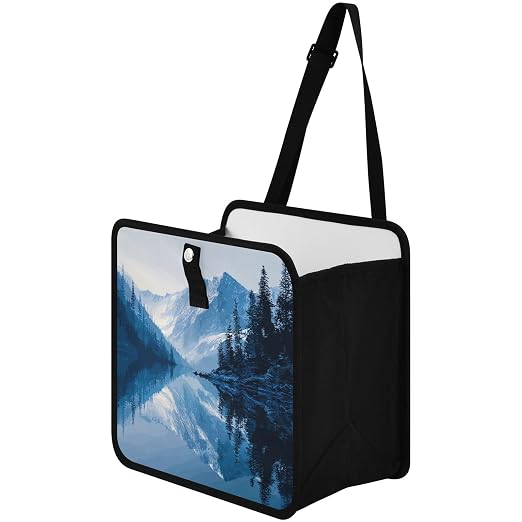 Car Trash Can Organizer Bin with Adjustable Strap for Back Front Seat Console Waterproof Leakproof Collapsible Portable 11 Inch Winter Blue Mountain and Mirrored Lake