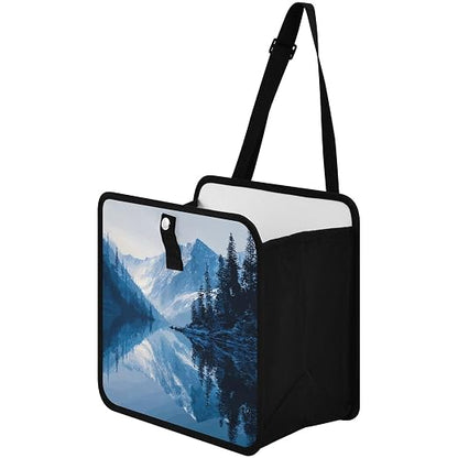 Car Trash Can Organizer Bin with Adjustable Strap for Back Front Seat Console Waterproof Leakproof Collapsible Portable 11 Inch Winter Blue Mountain and Mirrored Lake