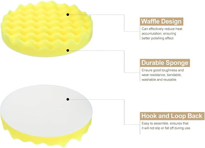HARFINGTON 3pcs Buffing Sponge Pads 7" Polishing Wheel Waffle Finishing Grip Pad Car Buffer Polisher with Hook and Loop Back for Car Detailing Polishing Waxing, Yellow