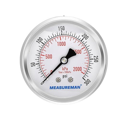 MEASUREMAN 2-1/2 inch Dial Size, Liquid Filled Pressure Gauge, 0-300psi/2000kpa, 304 Stainless Steel Case, 1/4 inch NPT Back Mount