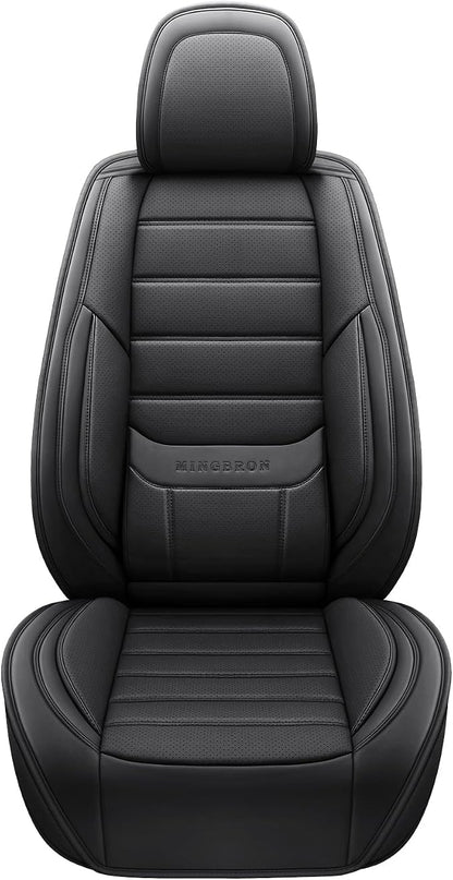 MINGBRON Black Car Seat Cover with Lumbar Support, Car Seat Protector Waterproof, Nappa Leather Car Seat Cushion, Car Seat Covers Front Seats and Back Fit for Most Cars