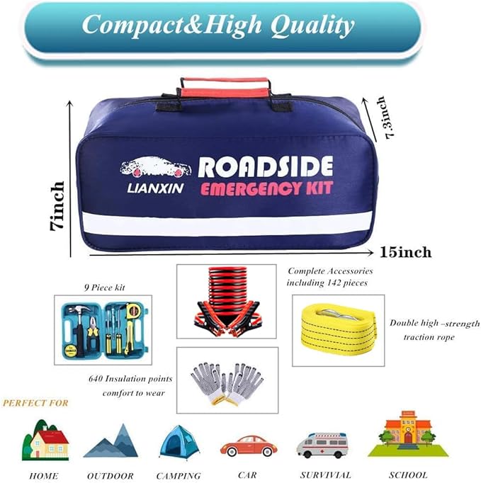 LIANXIN Roadside Assistance Emergency Kit - Car Emergency Kit with Jumper Cables (Upgraded) Emergency Roadside Kit for Car 142 Pieces Car Safety Kits,Tow Strap,Tool Kit,Reflective Warning Triangle