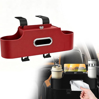 4-in-1 Back Seat Car Organizer, Adjustable Hooks, Universal Fit, with Cup Holder, Tissue Box & Storage, for Travel, Stores Phone, Snacks, Drinks, Handbags, Keeps Car Neat & Space-Saving (Red)