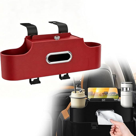 4-in-1 Back Seat Car Organizer, Adjustable Hooks, Universal Fit, with Cup Holder, Tissue Box & Storage, for Travel, Stores Phone, Snacks, Drinks, Handbags, Keeps Car Neat & Space-Saving (Red)
