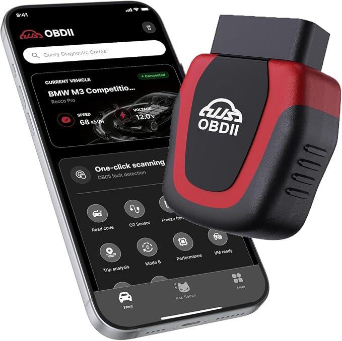 Rocco Pro OBD2 Scanner Bluetooth for iPhone & Android, No Subscription, Full System Car Diagnose with AI Repair Guide, ABS/SRS/Transmission Code Reader, Used Car Inspector, Vehicles 1996+