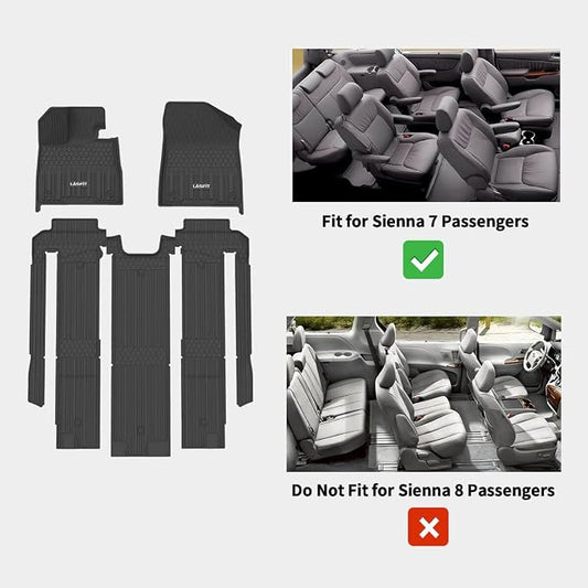 LASFIT Floor Mats for Toyota Sienna 7 seats 2021-2026 (Only for 7 Seat & Not Fit 2025 2026 Platinum Edition) All Weather TPE Custom Fit Floor Liner for Toyota 7 passenger Front and Rear Car Mat, Black