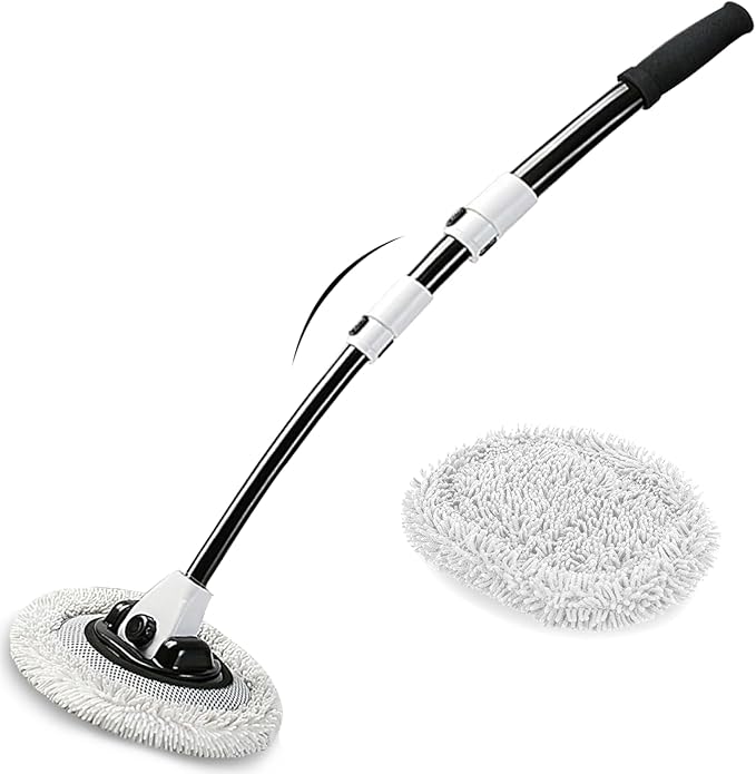 WillingHeart 15° Curved Car Wash Brush with Long Handle 43" Microfiber Cleaning Mop Telescopic Extension Pole for Caravan RV Truck Auto SUV Wheel Boat Exterior 2 in1 Carwash Duster Scratch Free, White