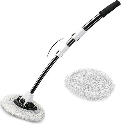 WillingHeart 15° Curved Car Wash Brush with Long Handle 43" Microfiber Cleaning Mop Telescopic Extension Pole for Caravan RV Truck Auto SUV Wheel Boat Exterior 2 in1 Carwash Duster Scratch Free, White