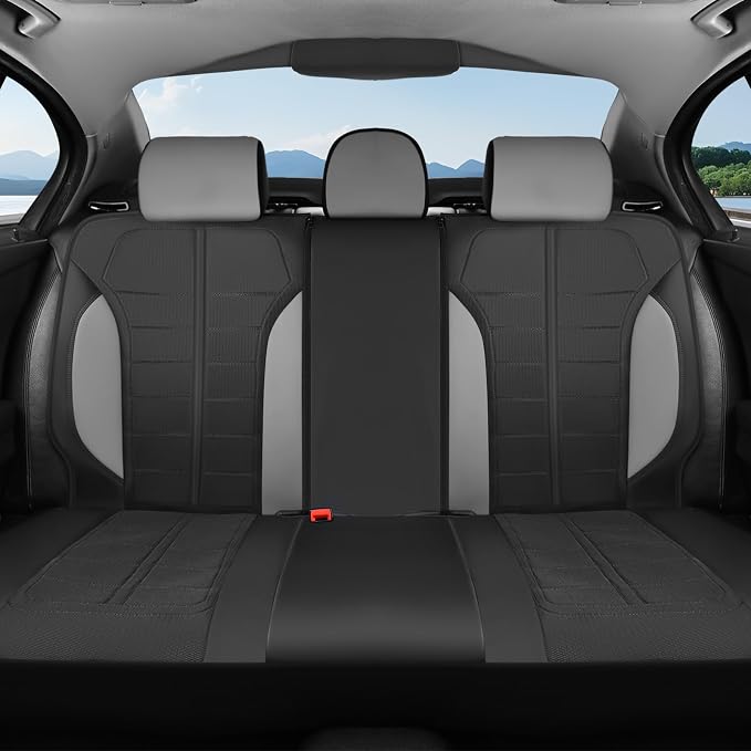 Coverado Leather and Air Mesh Seat Cover, Car Seat Cover Rear Seats, 3D Breathable Seat Protectors Sports Carbon Fiber Airbag Compatible Comfort Universal for Most Cars, Van,Trucks, SUV, Black&Grey