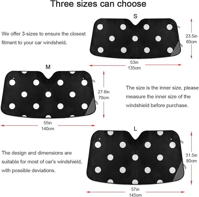 Cars Front Sun Shade Windshield,Foldable Reflective Sun Visor Black Background White Polka Dots Pattern Windshield Sunshade Cover,Blocks UV Ray Sun Protect Interior Keep Cool,53" x 23.5 "