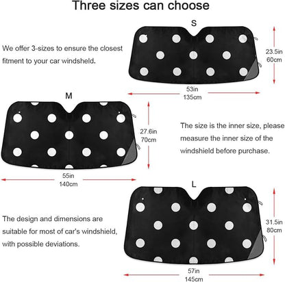 Cars Front Sun Shade Windshield,Foldable Reflective Sun Visor Black Background White Polka Dots Pattern Windshield Sunshade Cover,Blocks UV Ray Sun Protect Interior Keep Cool,55" x 27.6"