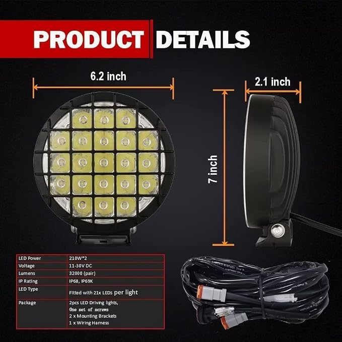 BIGLION.X 6-Inch Round LED Offroad Light 2pcs 210W 32000LM Super Bright Spot Driving Light With Wiring Harness Waterproof IP68 12V 24V for Pickup Trucks UTV SUV