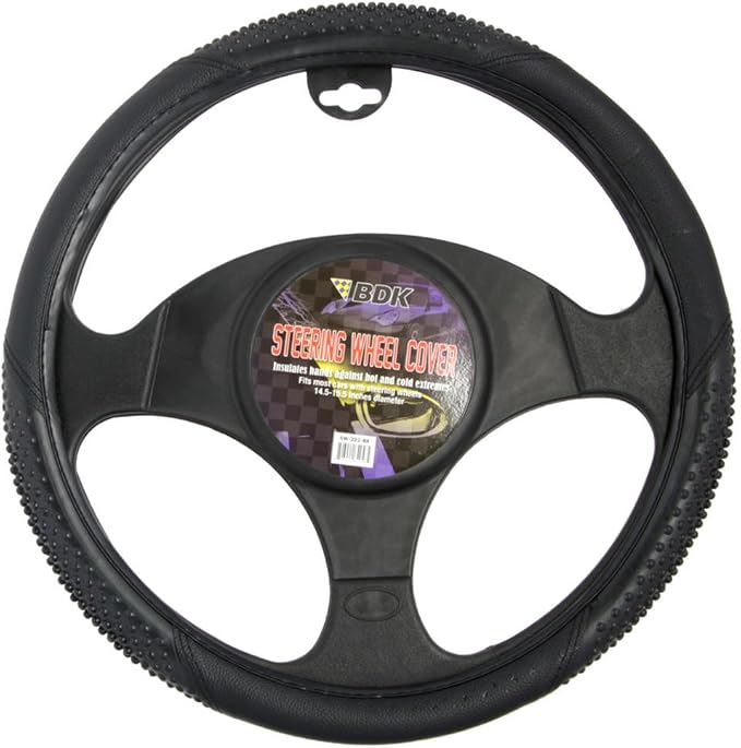 BDK Sporty Two Tone Ergonomic Grip Steering Wheel Cover - Massaging Gel Grip for Standard Size Wheels 14.5-15 inch Black/Black