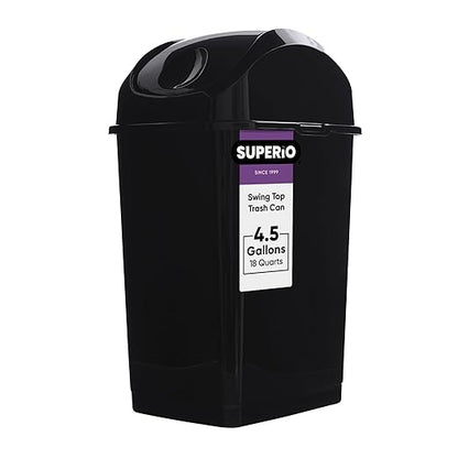 Superio Medium Trash Can with Lid 4.5 Gallon Plastic Swing Top Garbage Can Slim Waste Bin for Under Sink/Cabinet, Laundry Room, Kitchen, Office, Bedroom, Bathroom, College Dorm, 18 Qt, Black