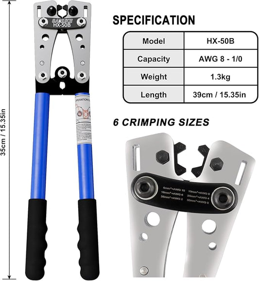 Sanuke Battery Cable Lug Crimping Tool with Heavy Duty Cable Wire Cutters, Battery Cable Crimper for AWG 8 6 4 2 1/0 Copper Lug Ring Terminals, Aluminum Copper Communication Cables Cutting