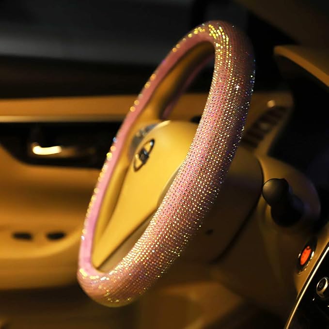 Carwales Car Steering Wheel Cover Pink for Women Girls Cute Bling Accessories 15 Inch Universal Colorful Crystal Rhinestone Diamond Rainbow Anti-Slip Wheel Protector