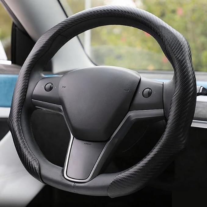 Quick Install Sporty Carbon Fiber Pattern Steering Wheel Cover Universal fit 14½ to 15 inches Car Sendan Coupe SUV Pickup 14.5 to 15