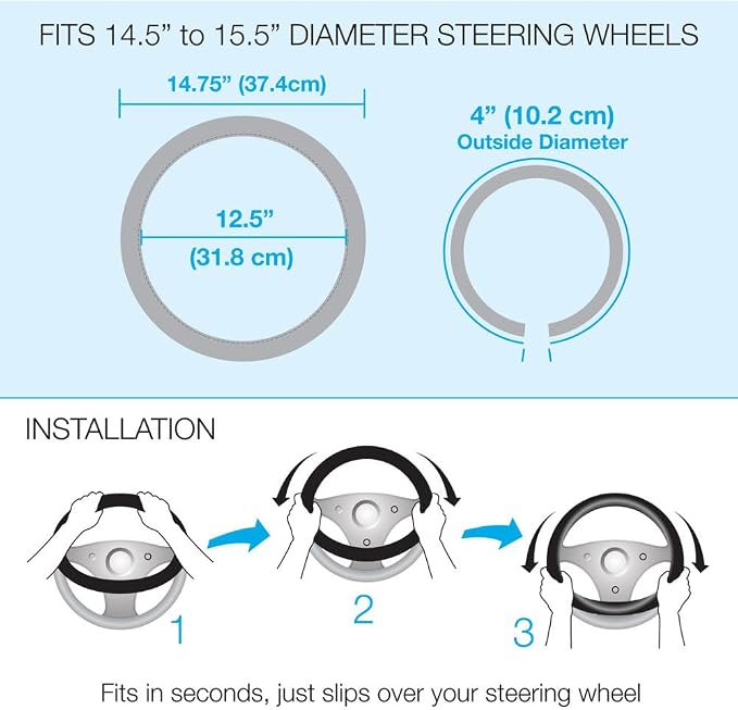 BDK Gray Leather Car Steering Wheel Cover Large Size 15.5 to 16 inch, Easy Installation