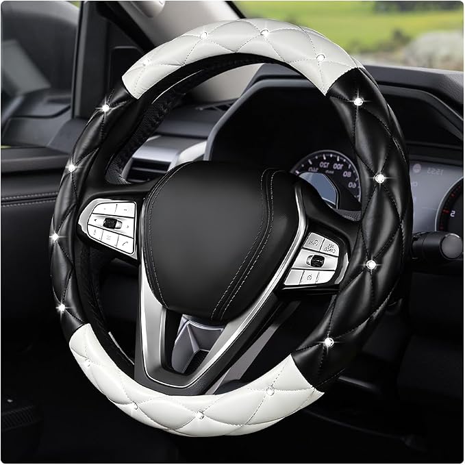 Bling Car Steering Wheel Cover, 15 Inch Diamond Leather Anti-Slip Auto Steering Wheel Protector, Cute Sparkly Rhinestones Wheels Cover Automotive Decoration for Women Girl (Black & White)
