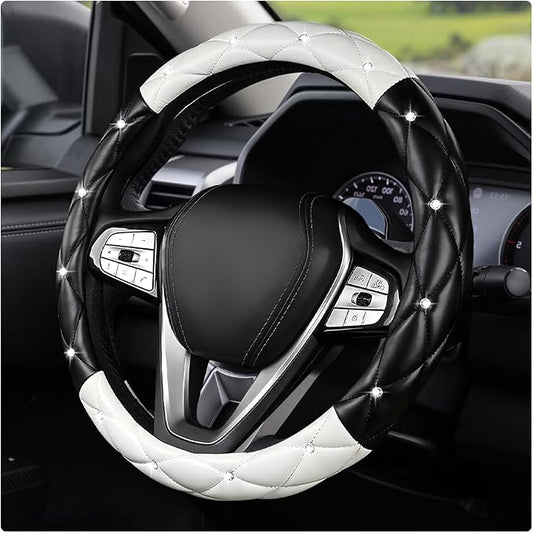 Bling Car Steering Wheel Cover, 15 Inch Diamond Leather Anti-Slip Auto Steering Wheel Protector, Cute Sparkly Rhinestones Wheels Cover Automotive Decoration for Women Girl (Black & White)