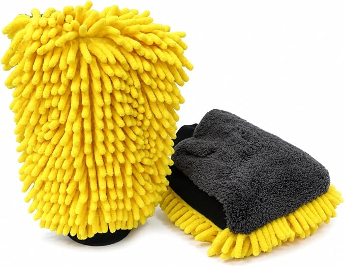 Car Wash Mitt, Double-Sided Chenille Microfiber, Yellow and Black, Waterproof