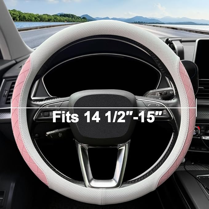 LKWLIKEI Nappa Leather Steering Wheel Cover,Elegant Diamond Checkered Design, Non-Slip wear-Resistant, Enhance Driving Comfort, Suitable for Steering Wheel Diameter 14 1/2‘-15’ Models.White and Pink