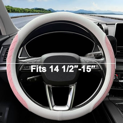 LKWLIKEI Nappa Leather Steering Wheel Cover,Elegant Diamond Checkered Design, Non-Slip wear-Resistant, Enhance Driving Comfort, Suitable for Steering Wheel Diameter 14 1/2‘-15’ Models.White and Pink